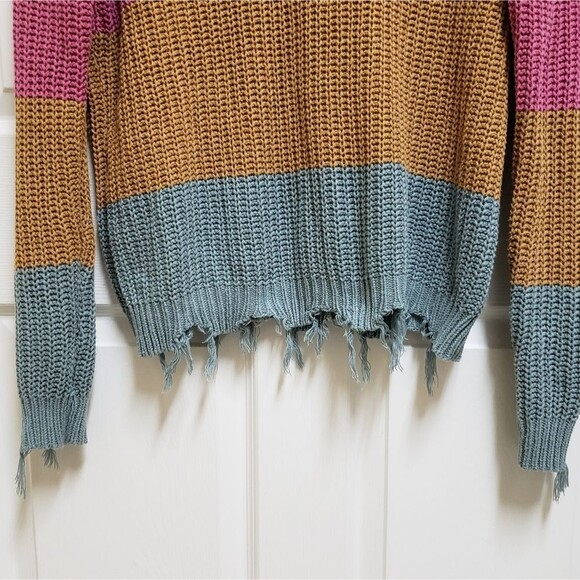 Andree By Unit Sweater Women Large Colorblock Striped Chewed Frayed Boho Grunge - Picture 4 of 9